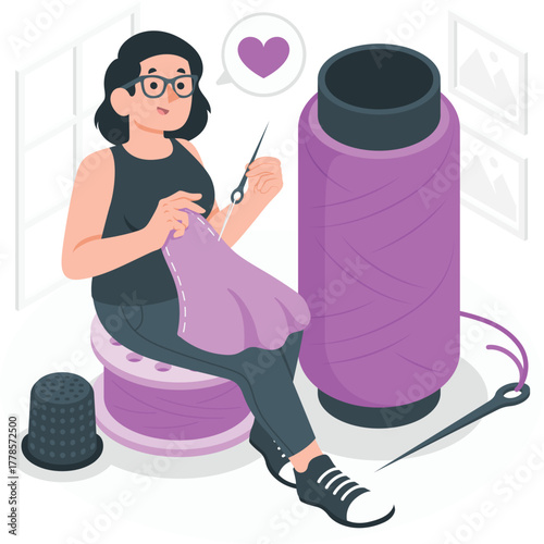 Woman sewing with large thread spool and thimble craft hobby