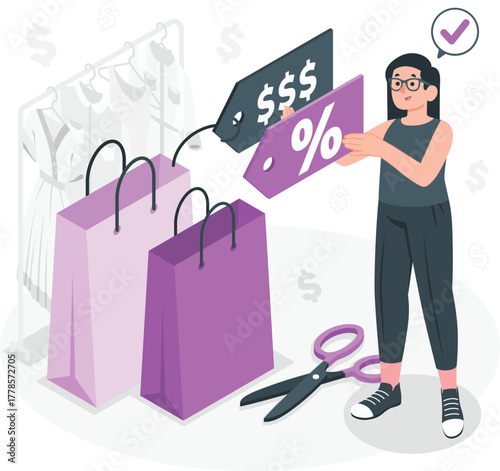 Woman Shopping with Discount Tags and Shopping Bags illustration vector