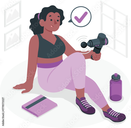 Woman using a massage gun for muscle recovery after a workout fitness exercise