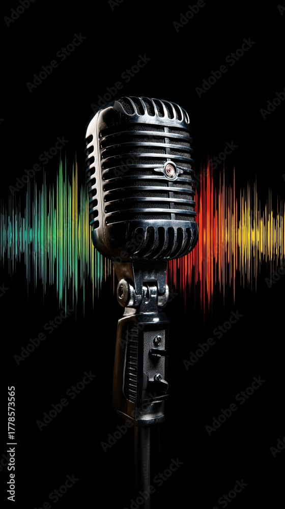 Fototapeta premium A vintage microphone stands prominently against a dark background, with colorful sound wave patterns radiating outward, symbolizing music and audio.