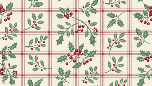 Holly and Berry Pattern Design on a Plaid Background