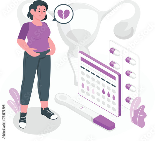 Woman with broken heart symbol and fertility symbols reproduction pregnancy