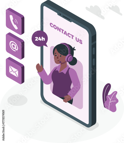 Woman with headset on smartphone screen contact us icons customer service support