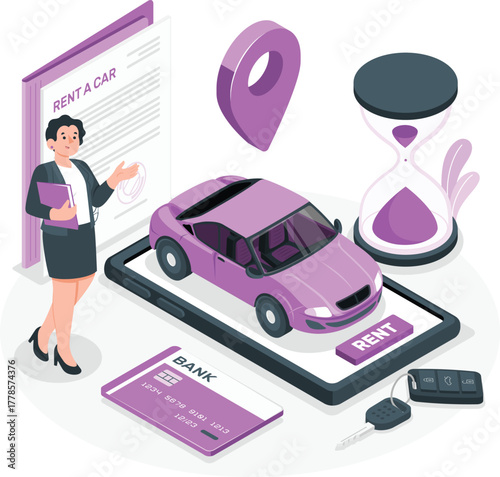 Woman with rent a car document and purple car on phone screen car rental