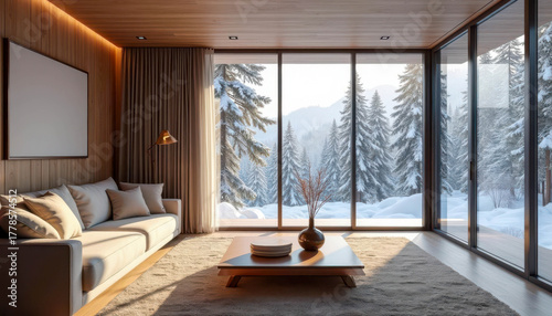 Cozy modern living room with large windows showcasing snowy landscape during winter morning