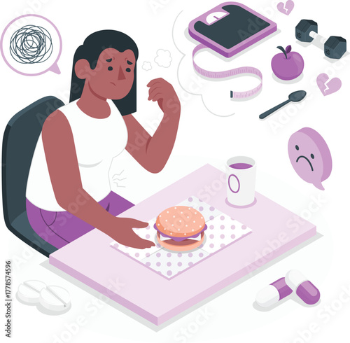 Woman Worried About Food and Weight Loss with Burger and Pills anxious