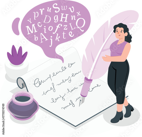 Woman writing with quill pen and inkwell with alphabet speech bubble vector illustration