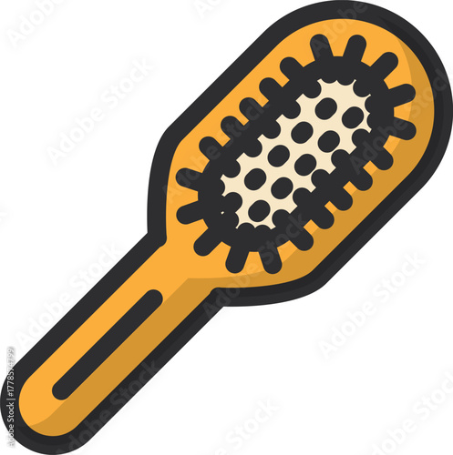 Orange hairbrush with dark brown bristles and handle, graphic illustration, isolated on white