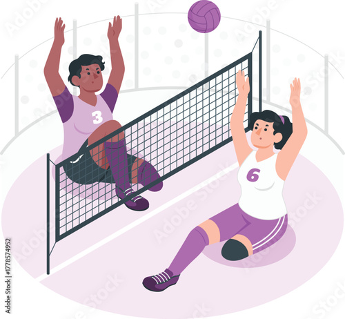Women Playing Volleyball Over Net With Ball vector illustration