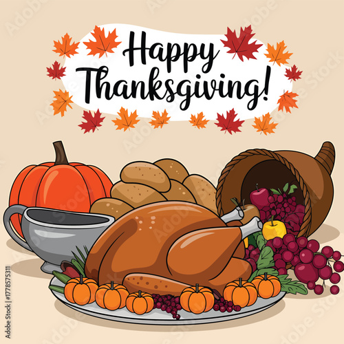 Vector art of happy thanksgiving illustration with a roasted turkey, pumpkins, cornucopia, and autumn leaves, celebrating the traditional harvest feast
