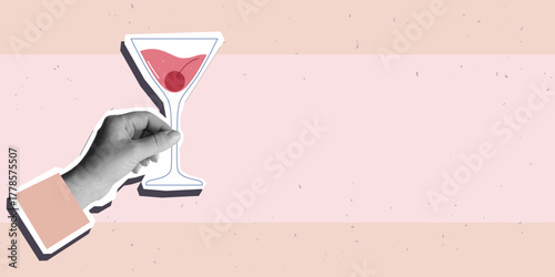 Hand holds a glass of cocktail with a cherry, place for text. Modern collage style. Vector illustration