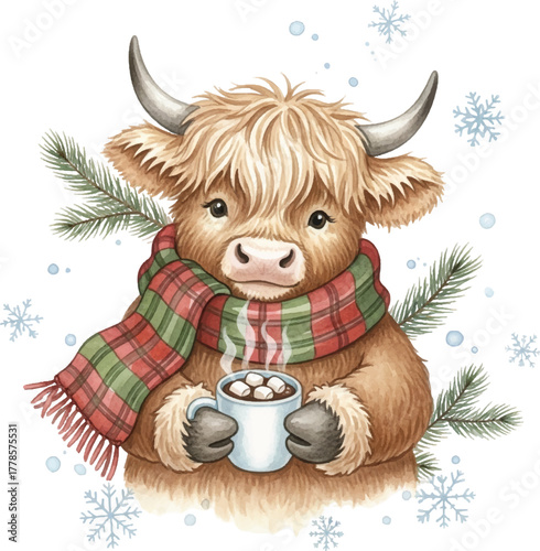 Watercolor Cute Highland Cow Enjoying Hot Chocolate Christmas Winter Illustration