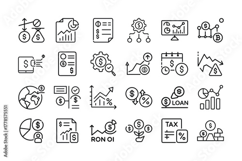 Finance and Investment Line Icons Set for Business Growth and Analytics