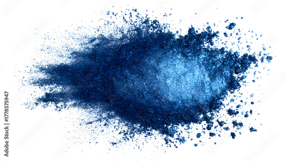 Obraz premium Vibrant blue powder exploding and scattering in a dynamic burst against a clean white background.