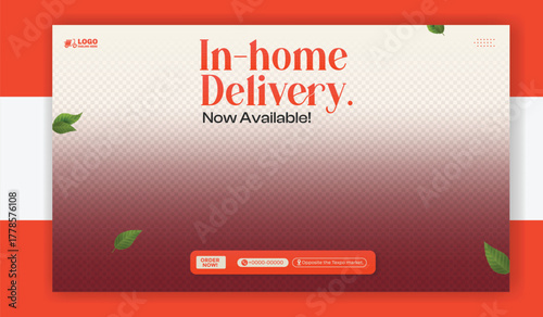 Food delivery service advertisement with courier on scooter in city at night