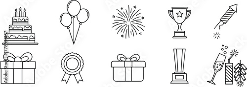 Birthday and celebration icon set with cake, balloons, fireworks, trophies, champagne, gifts and party elements in clean line style
