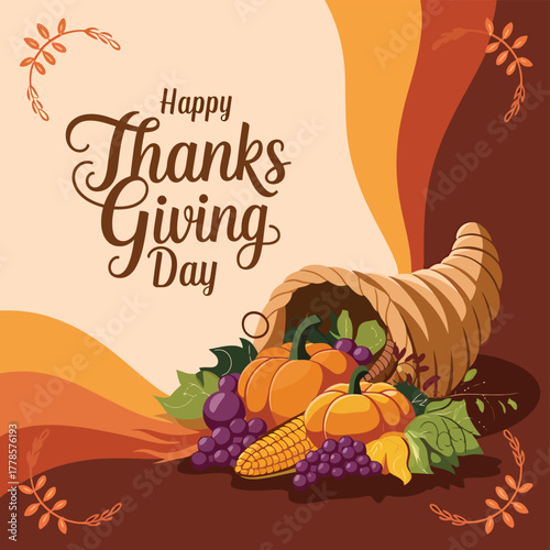 Vector art of happy thanksgiving day greeting with a cornucopia overflowing with autumn harvest fruits and vegetables, symbolizing abundance and gratitude