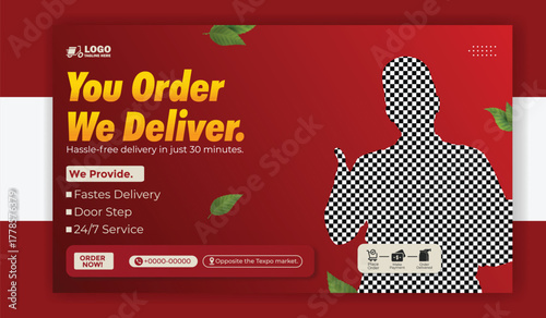 Delivery man showing thumbs up and holding pizza boxes on red background