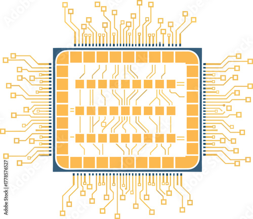 Quantum computer chip, two-tone flat vector design for futuristic technology, innovation, and digital computing concept