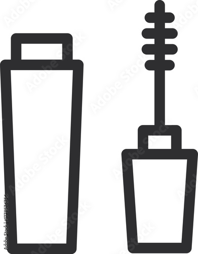 Minimalist line icon of an open mascara tube and wand. Vector graphic illustration representing beauty and cosmetic products
