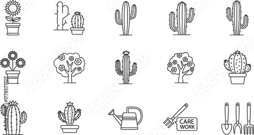 Cactus and flower gardening line icons set, potted cactus, sunflower, garden tools, watering can, plant care outline illustrations