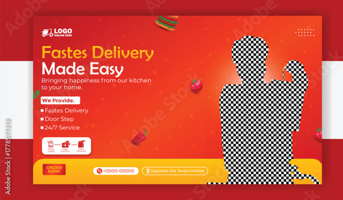 Delivery man with bicycle and mask delivering food on an orange background