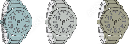A vector illustration set of three classic analog wristwatches with metal link bands, shown in multiple stylish color variations