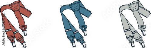 Three pairs of suspenders in red, blue, and gray, showcased against a white background, highlighting their clip attachments