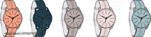 A Collection of Wristwatches Featuring Minimalist Dials and Soft-Colored Straps in a Linear Display