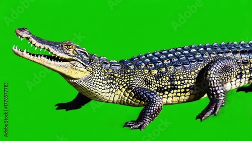 A full body shot of a crocodile with its mouth open on a green screen background in a studio crocodile green screen video