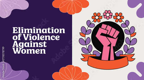 Vector art of graphic illustration for the elimination of violence against women, featuring a raised fist and floral elements