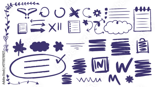 Hand drawn doodle elements with arrows, boxes, and symbols isolated on white background