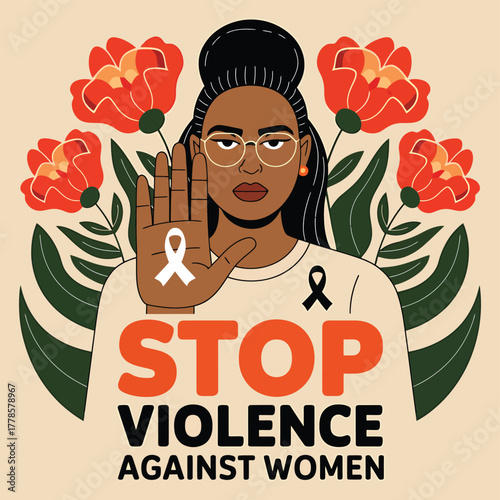 Vector art of woman raising hand with stop sign and flowers, advocating to stop violence against women