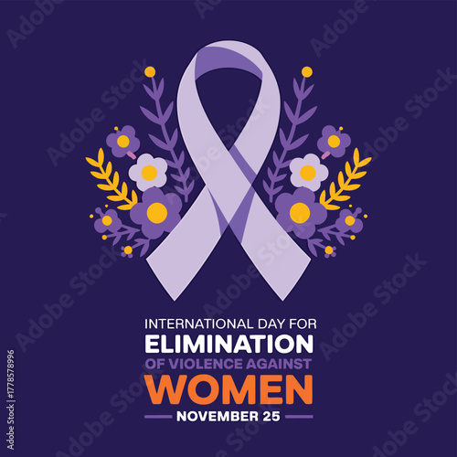 Vector art of international day for the elimination of violence against women on november 25, symbolized by a purple ribbon and flowers