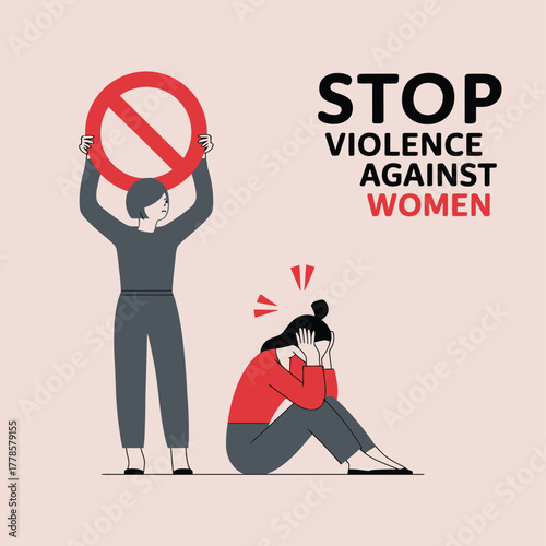 Illustration of a person holding a stop sign above a person sitting with head in hands, symbolizing stopping violence against women