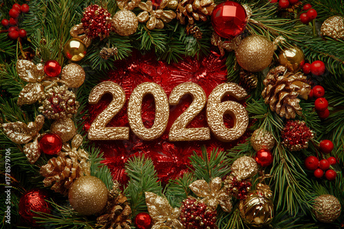 Christmas Wreath Surrounding Golden 2026, Elegant Holiday Background