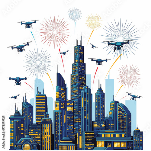 Futuristic Drone Technology Soars Above a Dazzling Cityscape During a Vibrant Fireworks Display fireworks display vector art