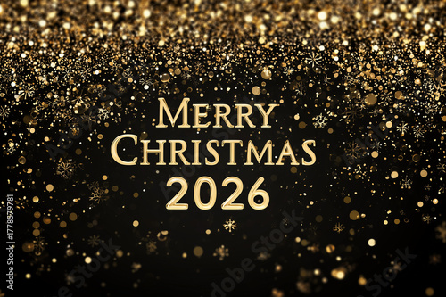 Golden Glitter Explosion Behind Merry Christmas 2026 Text, Festive Holiday Background