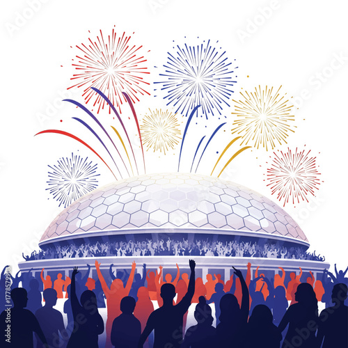 Stars and Stripes Celebration Patriotic Dome Stadium Rooftop Fireworks Display with Cheering Crowd fireworks display vector art