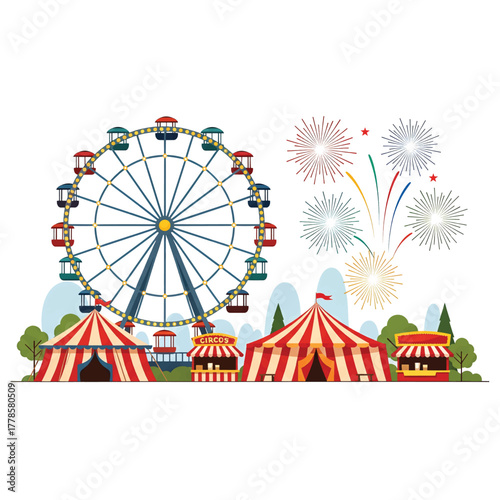 Vibrant Ferris Wheel Festive Tents and Colorful Fireworks at a Lively Amusement Park Celebration fireworks display vector art
