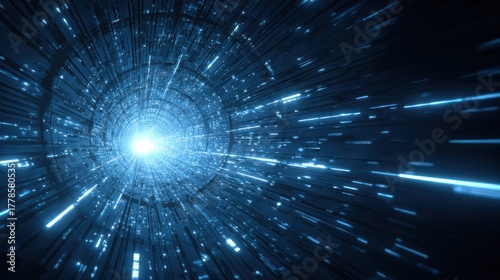 Fototapeta Naklejka Na Ścianę i Meble -  Tunnel of Light and Technology: This image shows a futuristic tunnel of lights and technology, a perfect representation of innovation. It depicts motion.