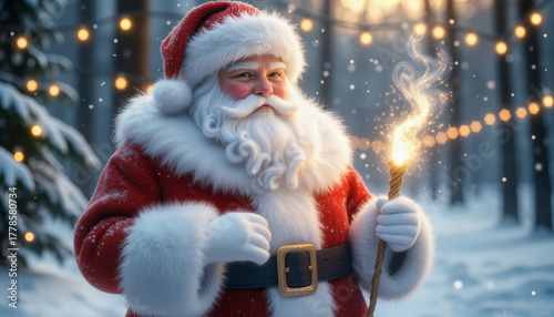 Santa Claus stands in a snowy forest under the northern lights, dressed in a red fur coat, holding a glowing magic staff in his hands. The trees are decorated with a garland of light bulbs