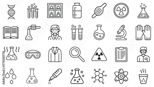 Lab and Chemistry Line Icons, Test Tube, Beaker, Microscope, Molecule, Bunsen Burner, Flask, DNA, Safety Goggles, and More.