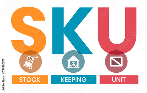 SKU - Stock Keeping Unit acronym. business concept background. vector illustration concept with keywords and icons. lettering illustration with icons for web banner, flyer, landing page