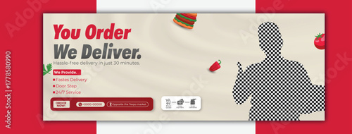 You order we deliver banner template with delivery man on white background