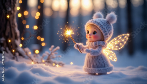 A little fairy in a white wool dress and a knitted hat with golden wings holds a magic wand against a background of snow-covered Christmas trees and golden lights