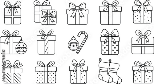 Christmas gift boxes and stockings outline clipart set with bows, ornaments, candy cane, festive holiday line art illustrations bundle