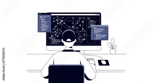 Programmer Working on Complex Software Development Project with Digital Network Diagram on Computer Screen