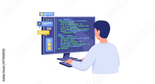 Programmer Working on Computer with Code and Chat Bubbles Representing Software Development and Communication