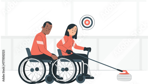 Couple playing wheelchair curling sport with target in background disabled